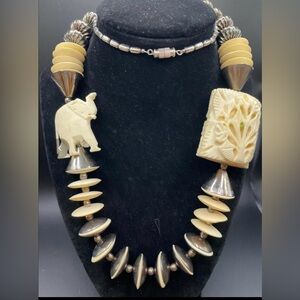 Long Chunky Vintage Carved Bone Necklace with Elephant & Ginko Beads